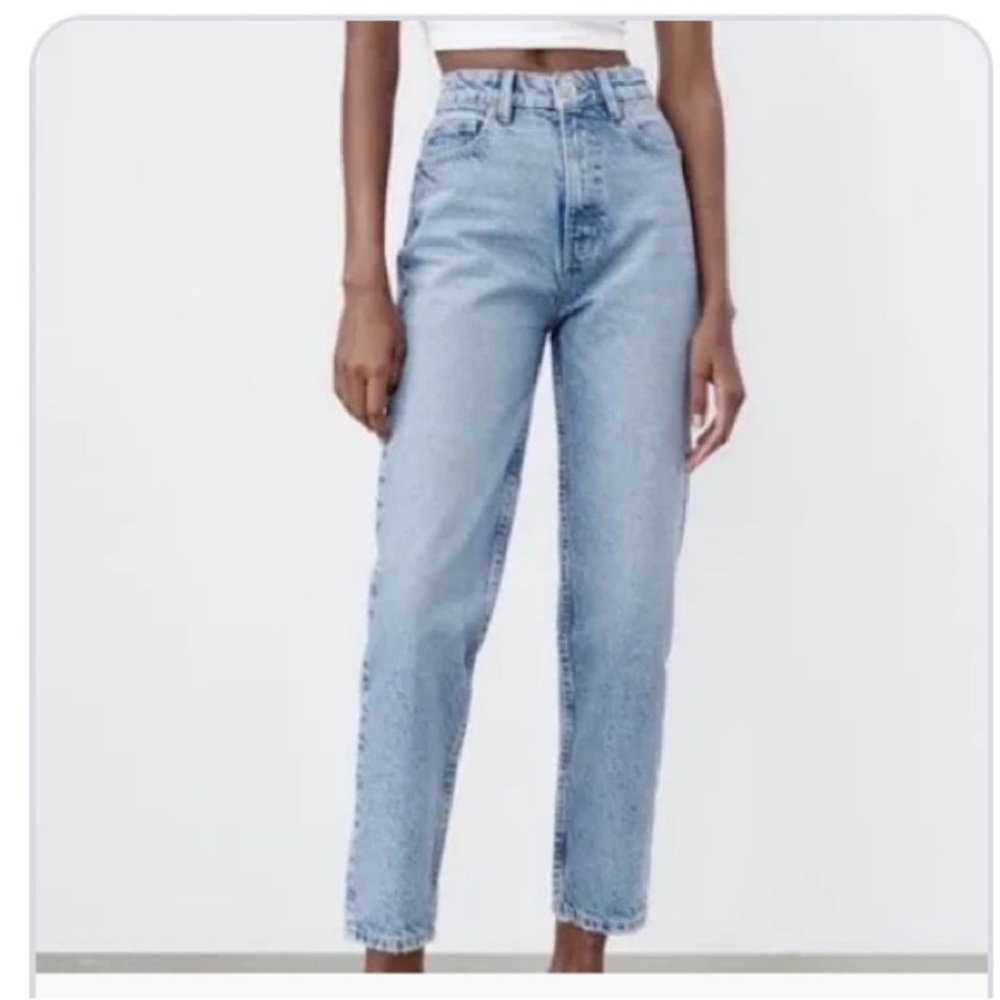 Zara Blue High Rise Straight Leg Mom Jeans